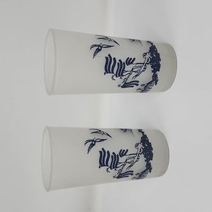 Set of 2 Vintage Federal Frosted Blue Willow Drinking Glasses